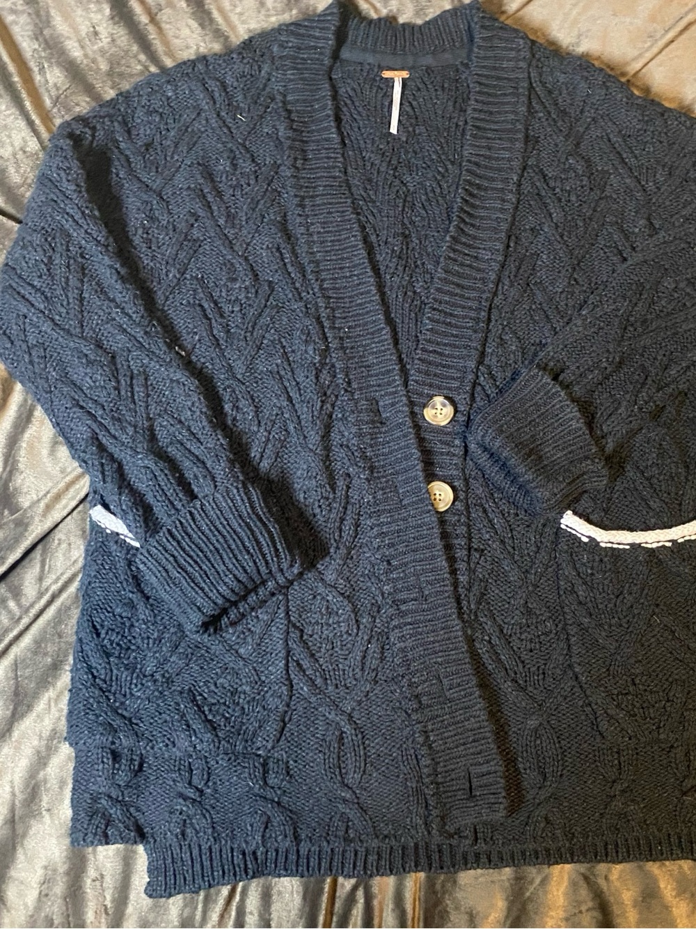 Free People Navy Cable Knit Cardigan with White Pocket Trim